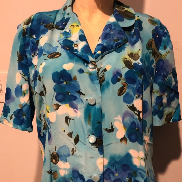 Vtg 90s Blue Floral Collared Short Sleeve Button Midi Tea Day Dress~Leslie Fay - Picture 3 of 10